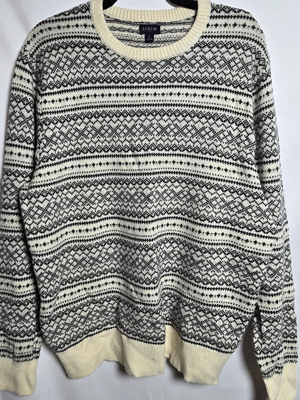 J. Crew Factory Lambswool Blend Cream & Black Fair Isle Crewneck Sweater, Sz L